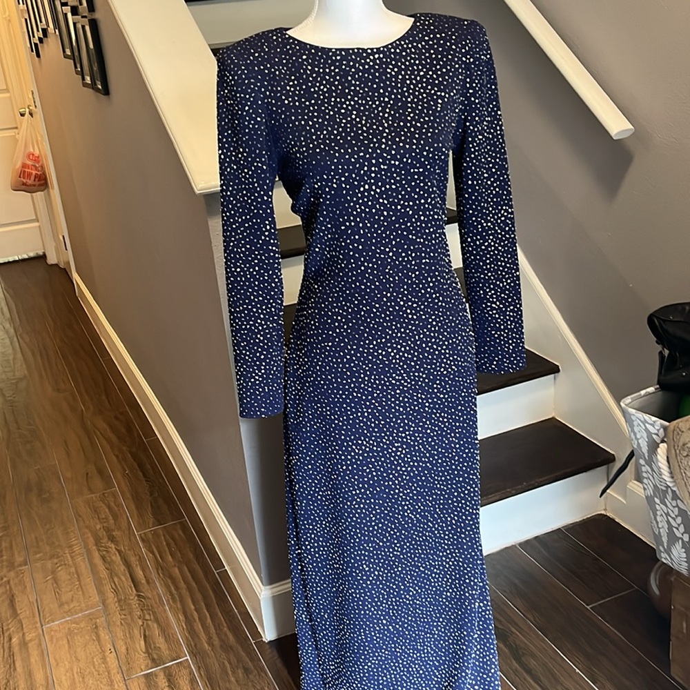 Morton Myles Navy Blue Long Gown. Side split, backless.Rhinestone neck closure 8